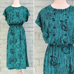 Vintage Midi Print Dress in Green and Black